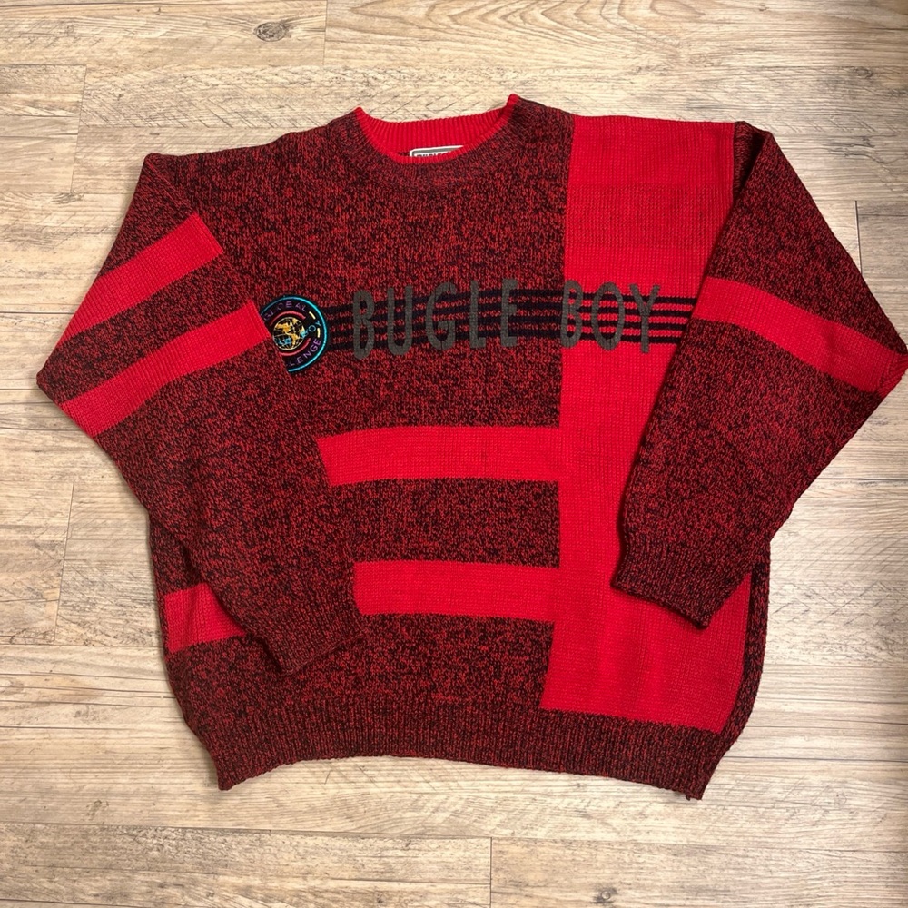 Bugle Boy Geometric Pattern Crewneck in Red and Black Size M